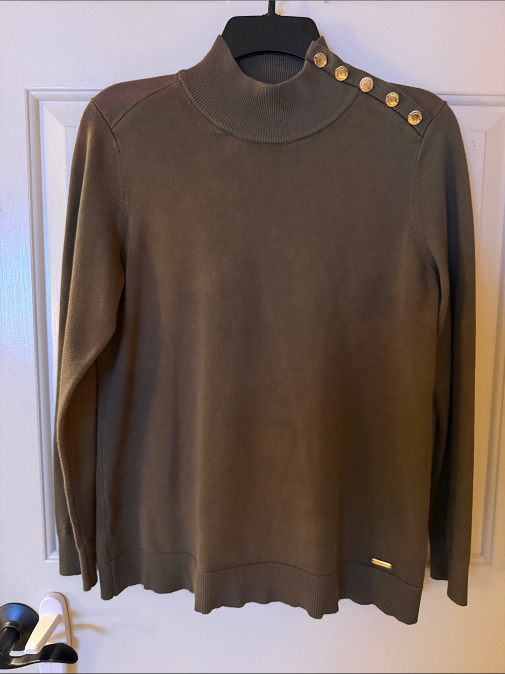 Calvin Klein Olive Mock Neck Sweater with Gold Shoulder Buttons